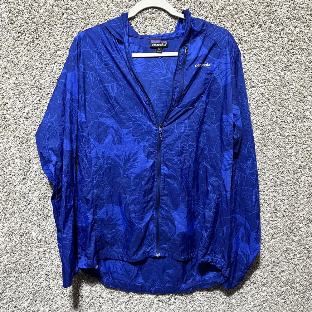 Patagonia Jacket Womens XL Blue Floral Print Houdini Full Zip Hooded Windbreaker